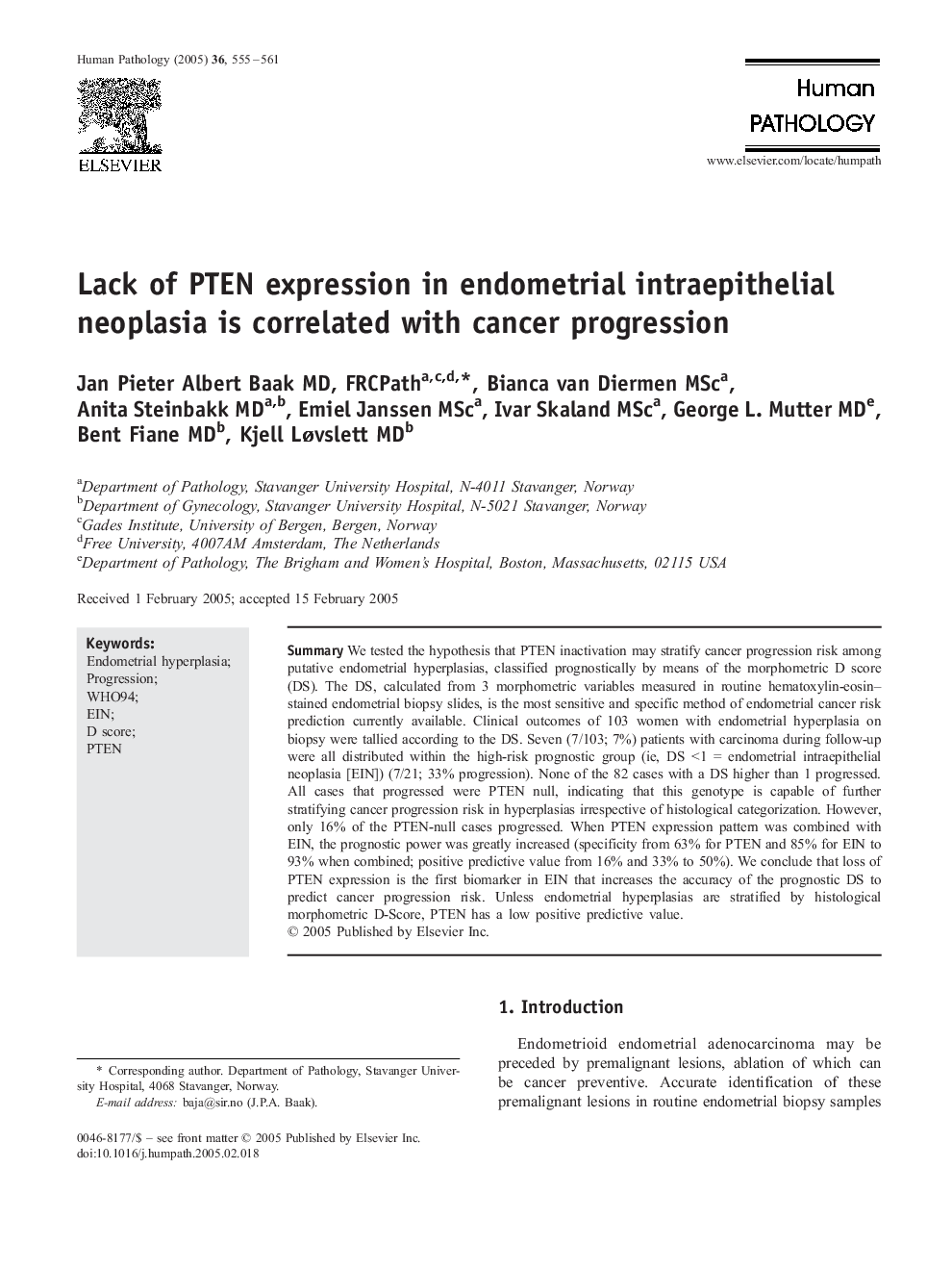 Lack of PTEN expression in endometrial intraepithelial neoplasia is correlated with cancer progression