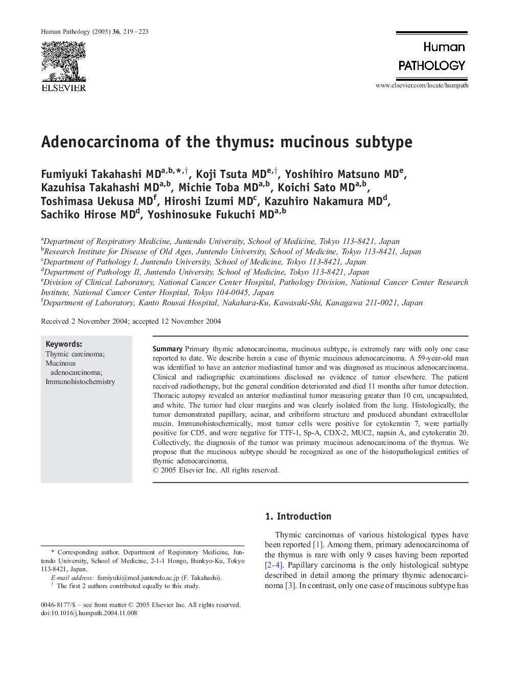 Adenocarcinoma of the thymus: mucinous subtype