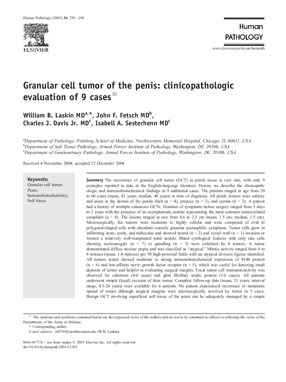 Granular cell tumor of the penis: clinicopathologic evaluation of 9 cases