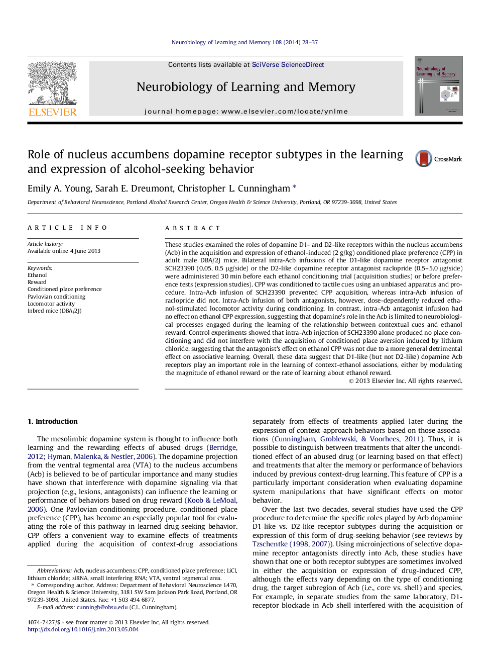 Role of nucleus accumbens dopamine receptor subtypes in the learning and expression of alcohol-seeking behavior