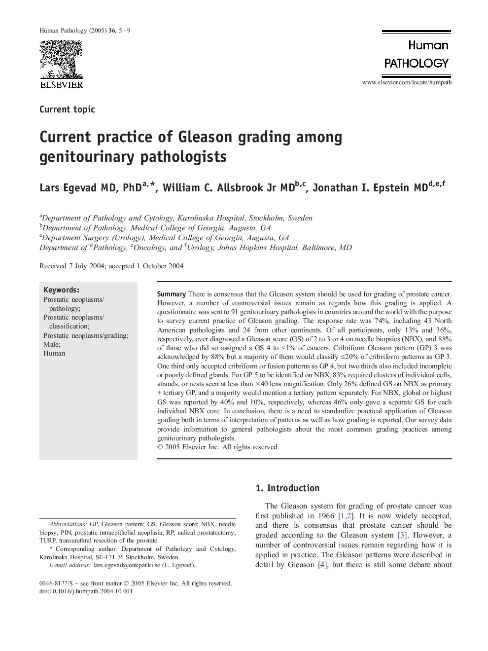 Current practice of Gleason grading among genitourinary pathologists