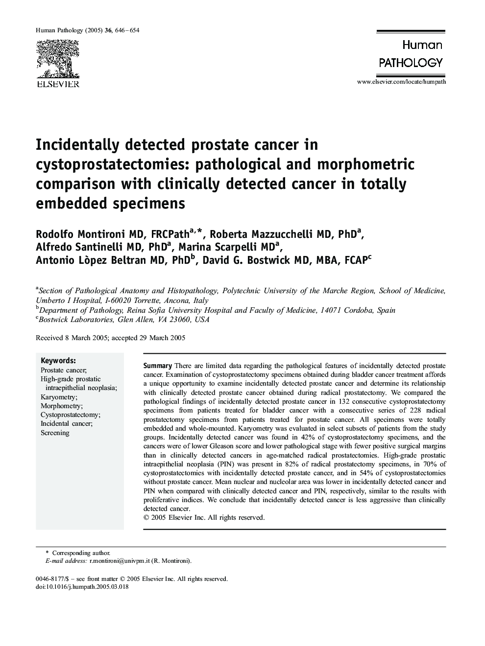 Incidentally detected prostate cancer in cystoprostatectomies: pathological and morphometric comparison with clinically detected cancer in totally embedded specimens
