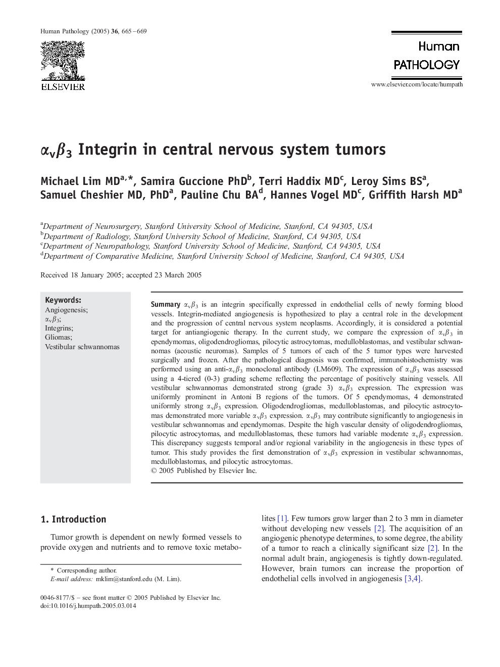 Î±vÎ²3 Integrin in central nervous system tumors