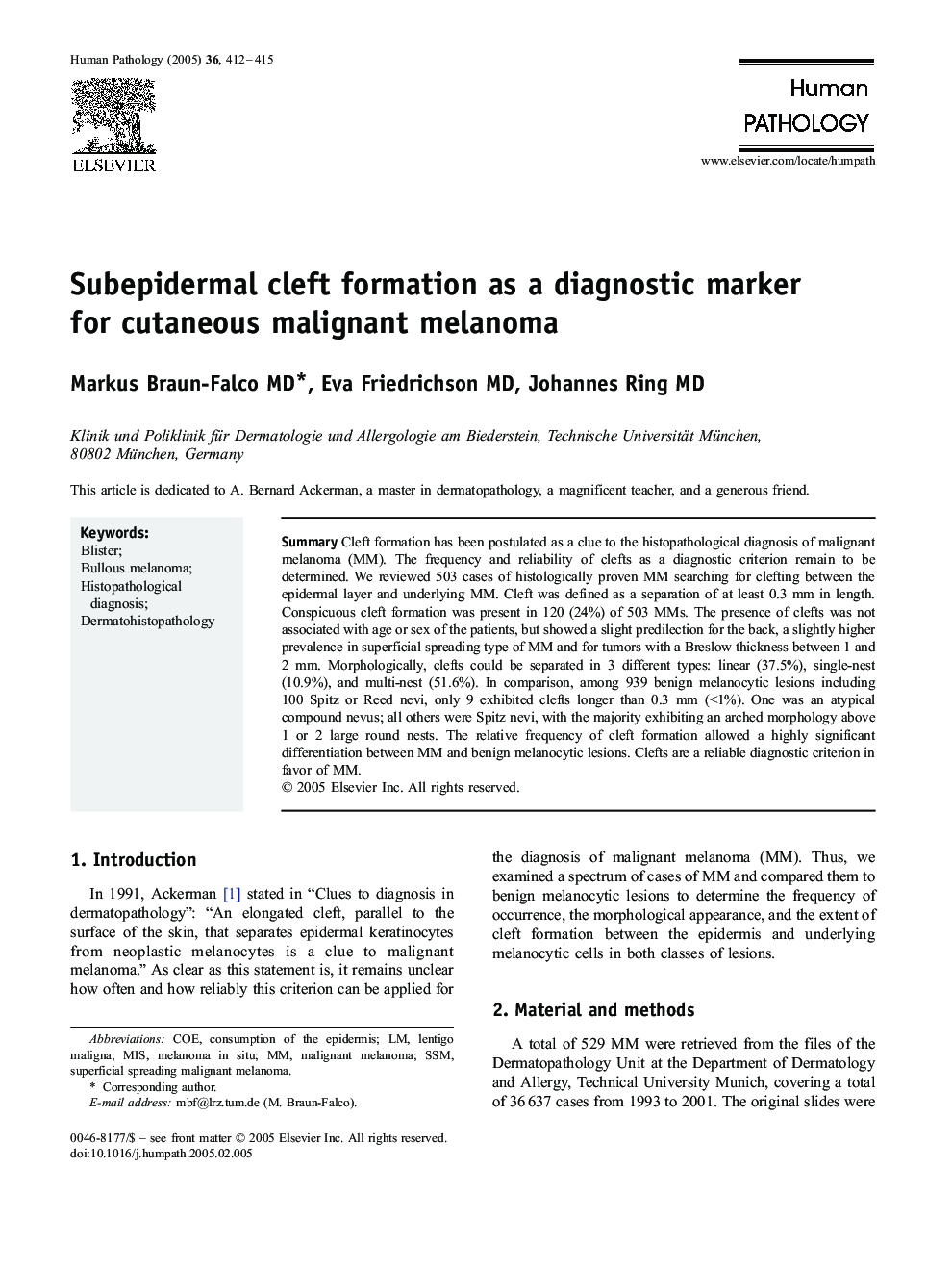 Subepidermal cleft formation as a diagnostic marker for cutaneous malignant melanoma