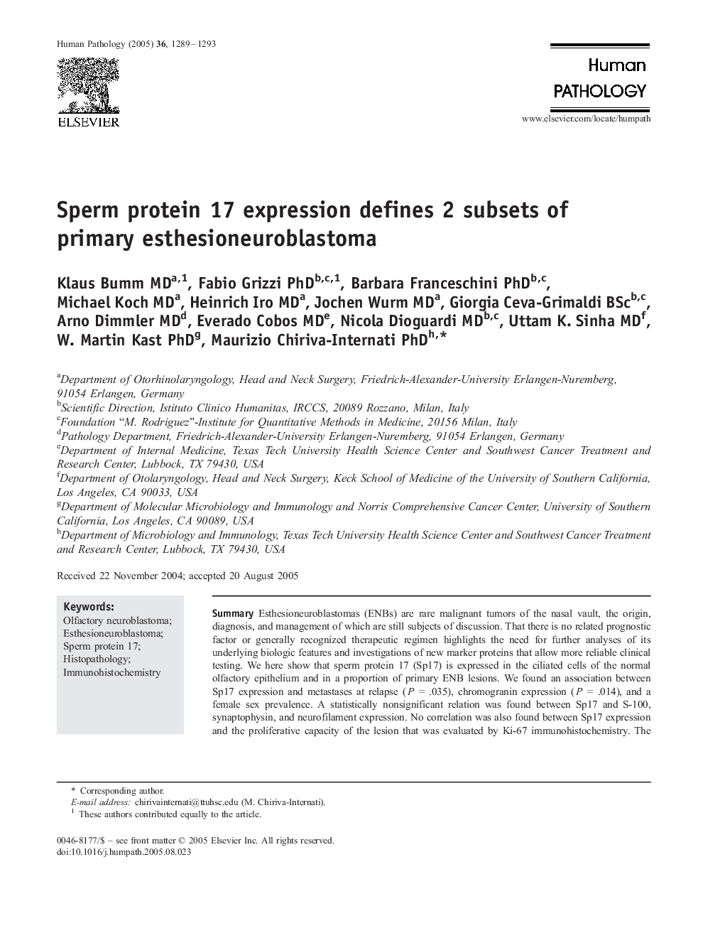 Sperm protein 17 expression defines 2 subsets of primary esthesioneuroblastoma