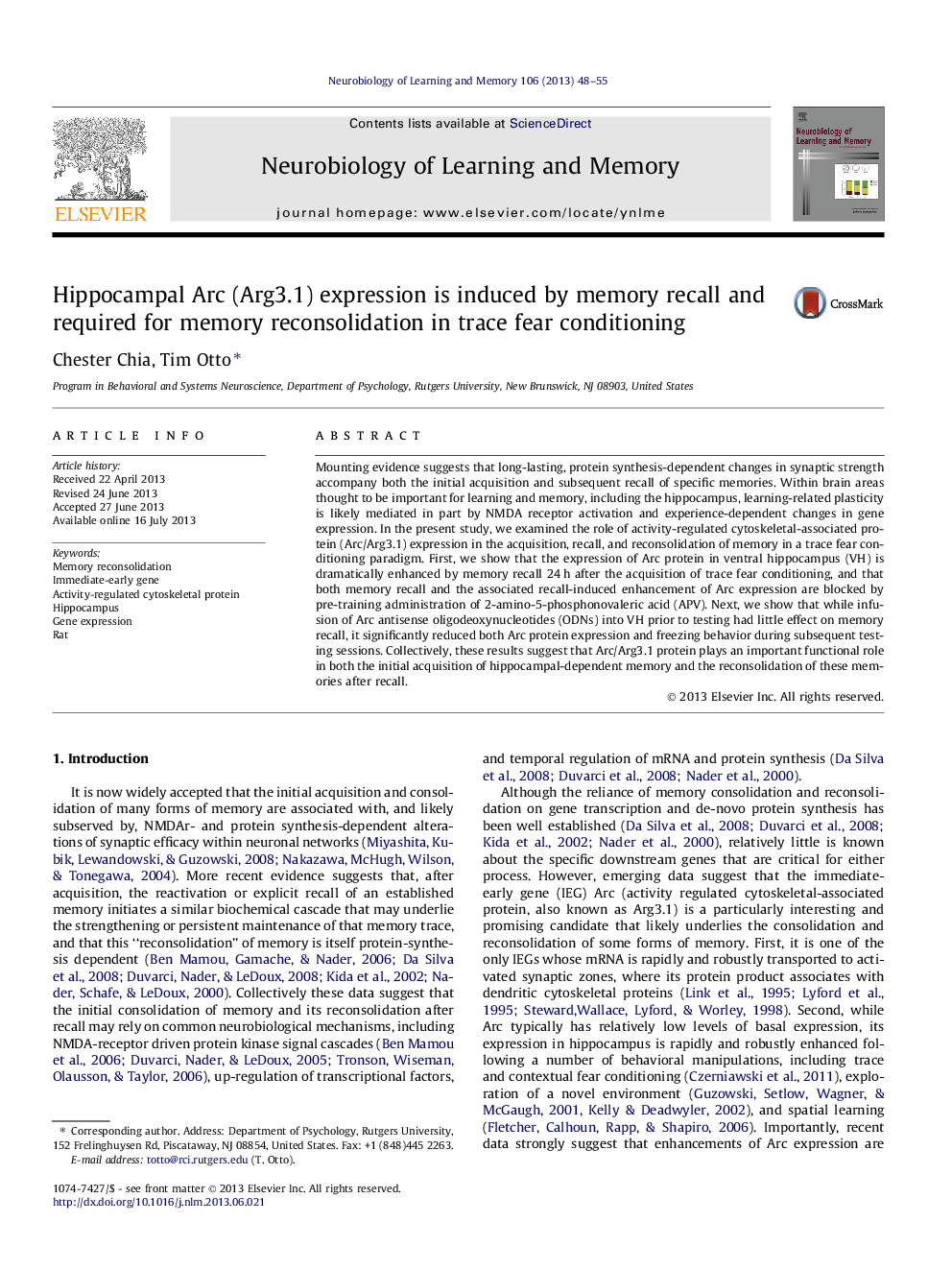 Hippocampal Arc (Arg3.1) expression is induced by memory recall and required for memory reconsolidation in trace fear conditioning