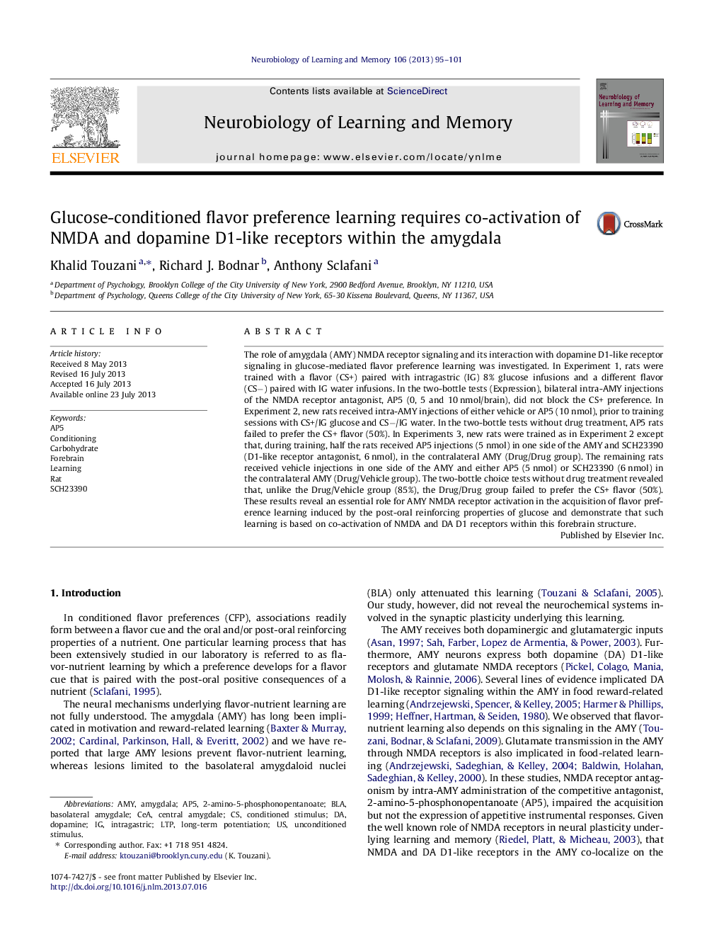 Glucose-conditioned flavor preference learning requires co-activation of NMDA and dopamine D1-like receptors within the amygdala