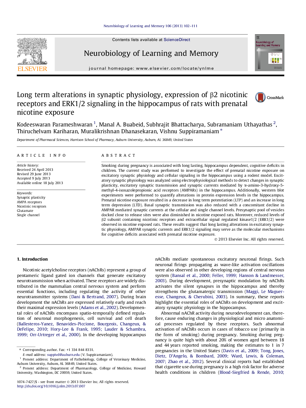 Long term alterations in synaptic physiology, expression of β2 nicotinic receptors and ERK1/2 signaling in the hippocampus of rats with prenatal nicotine exposure