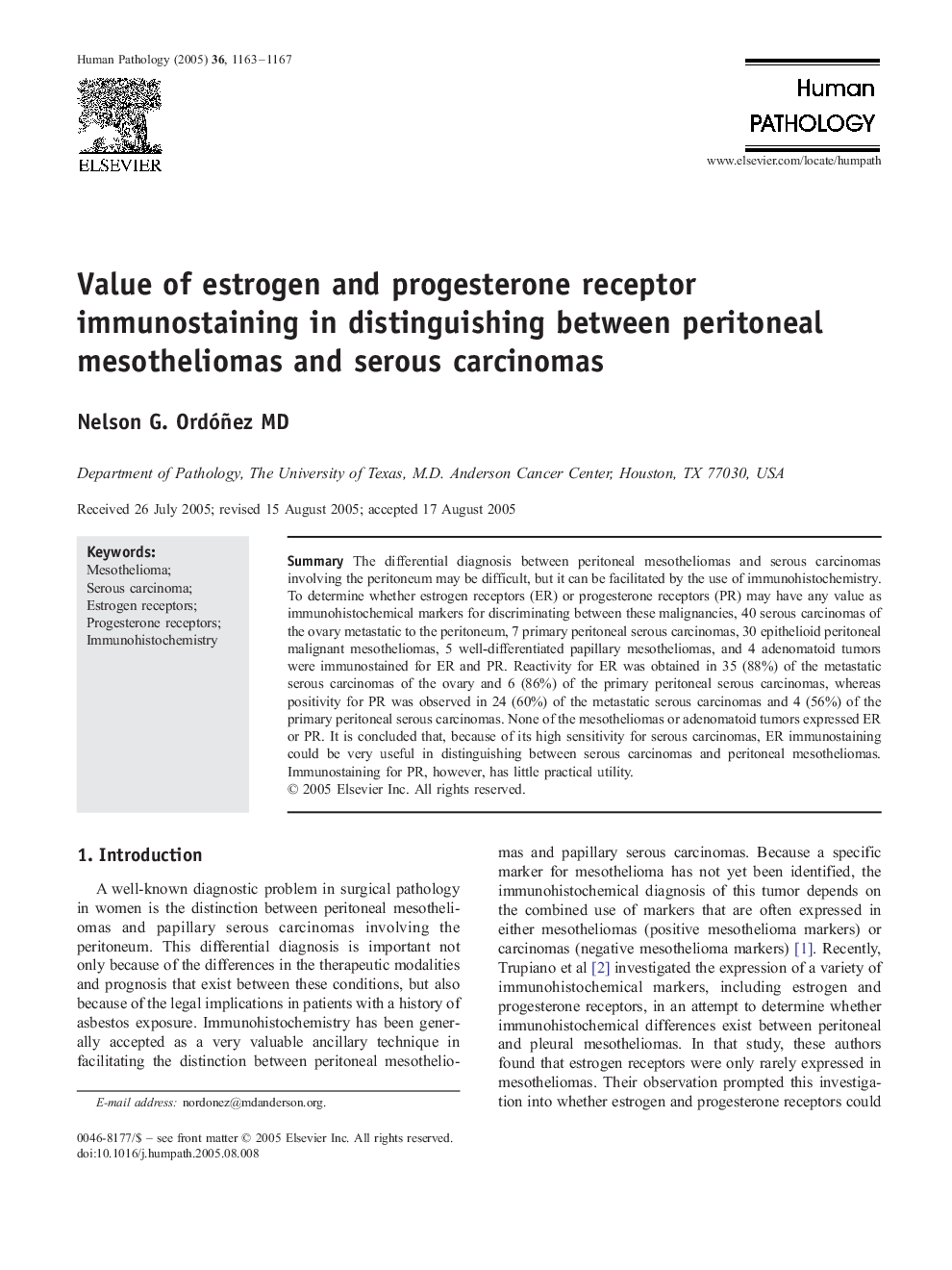 Value of estrogen and progesterone receptor immunostaining in distinguishing between peritoneal mesotheliomas and serous carcinomas