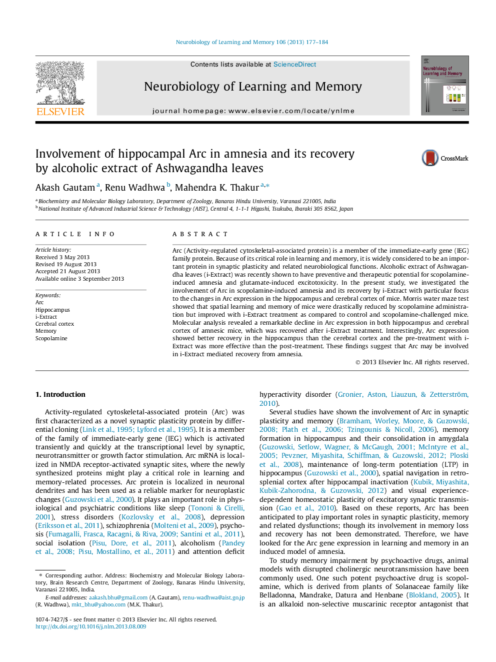 Involvement of hippocampal Arc in amnesia and its recovery by alcoholic extract of Ashwagandha leaves