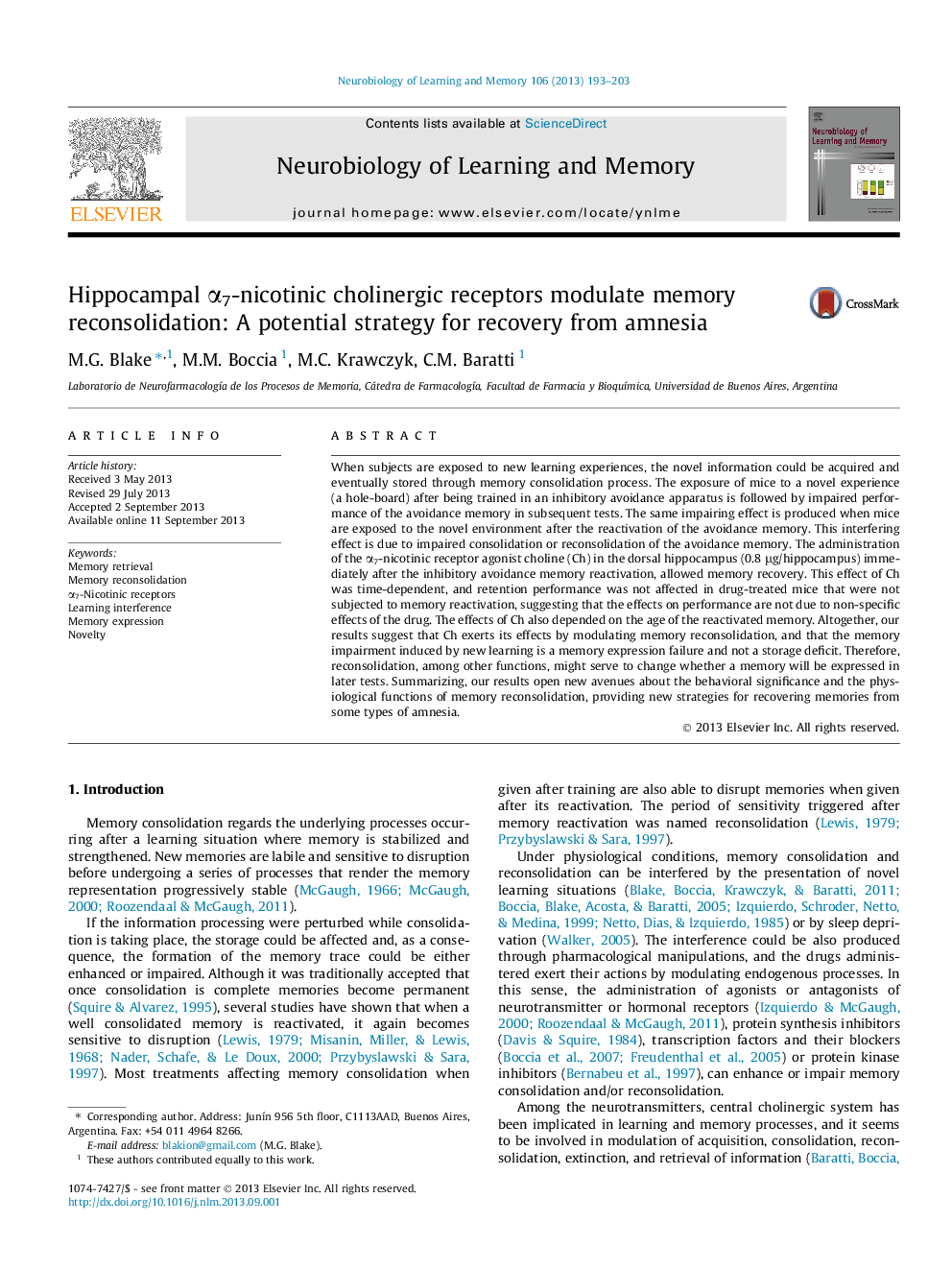 Hippocampal α7-nicotinic cholinergic receptors modulate memory reconsolidation: A potential strategy for recovery from amnesia