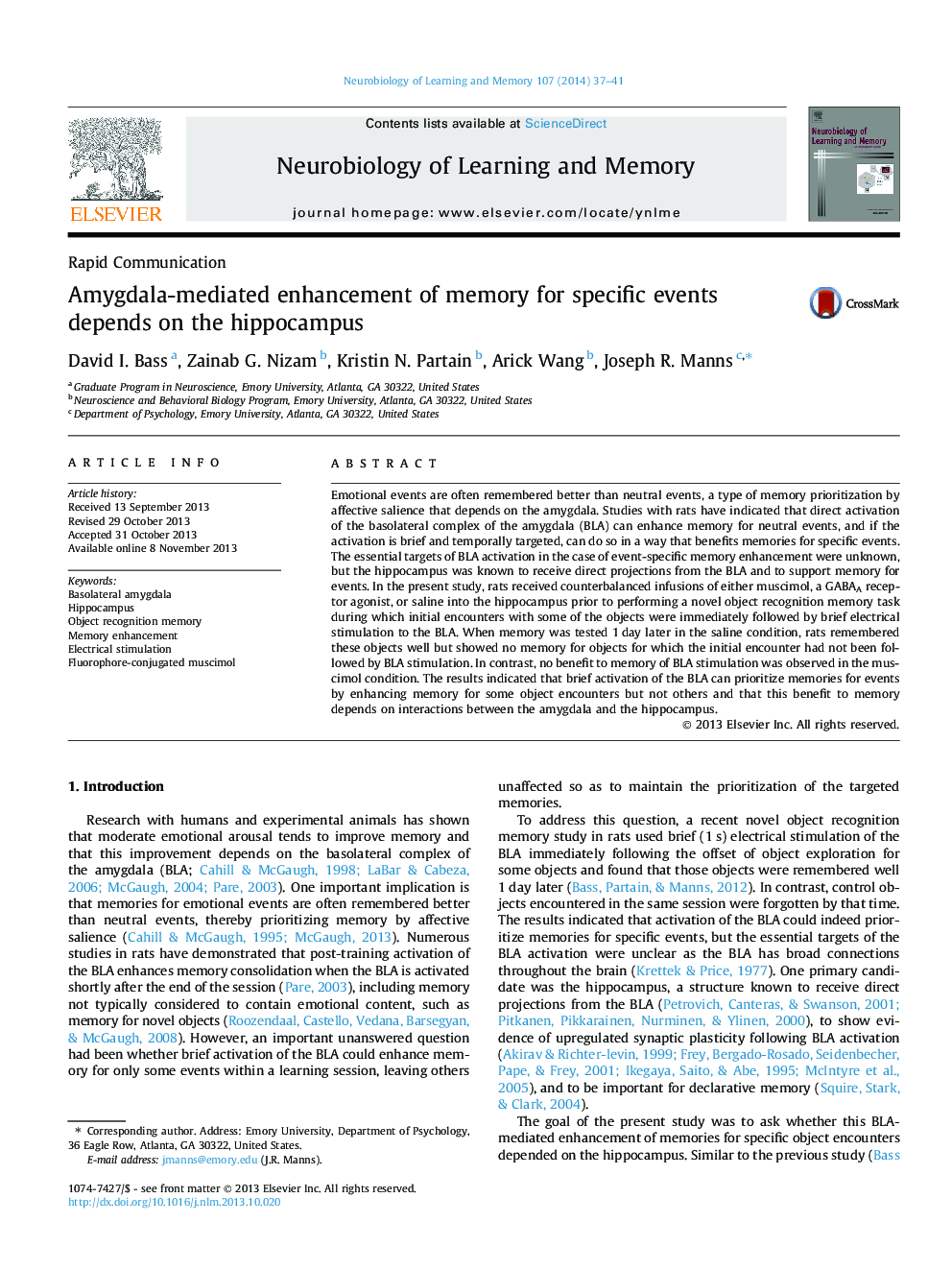 Amygdala-mediated enhancement of memory for specific events depends on the hippocampus