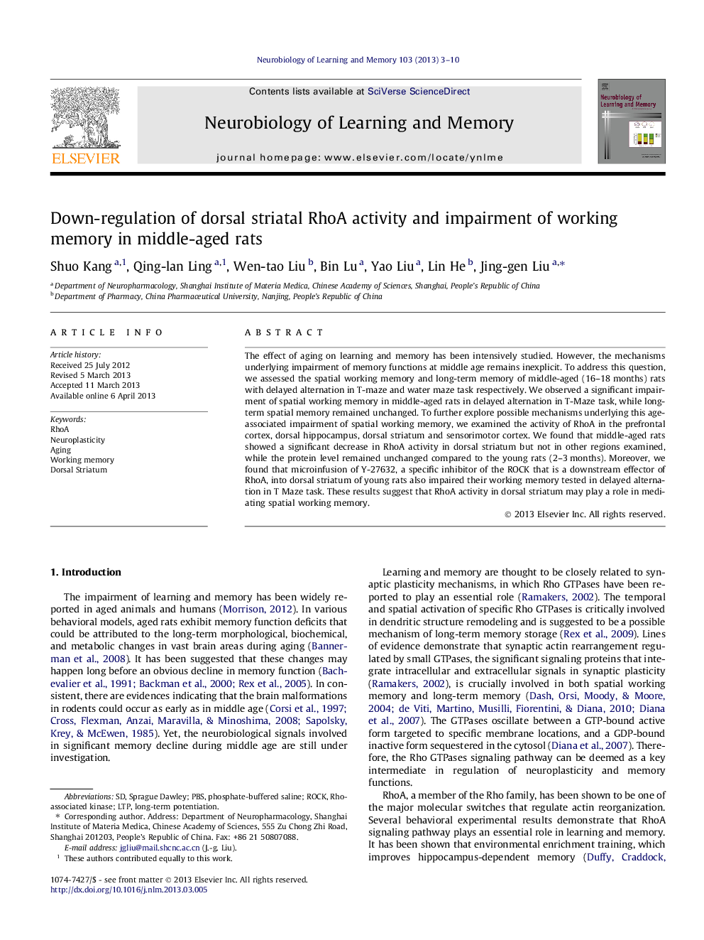 Down-regulation of dorsal striatal RhoA activity and impairment of working memory in middle-aged rats