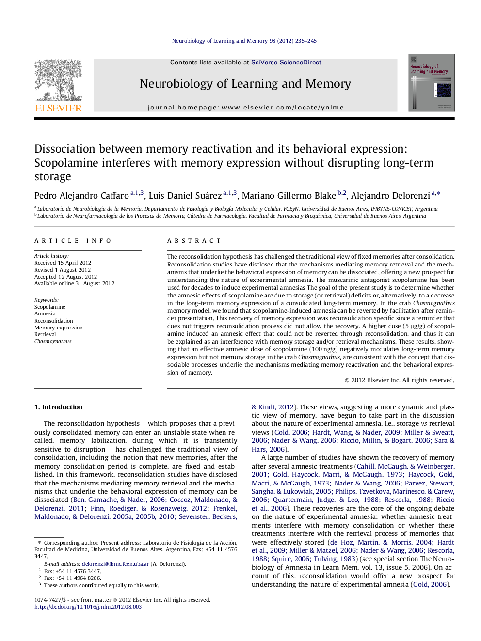 Dissociation between memory reactivation and its behavioral expression: Scopolamine interferes with memory expression without disrupting long-term storage