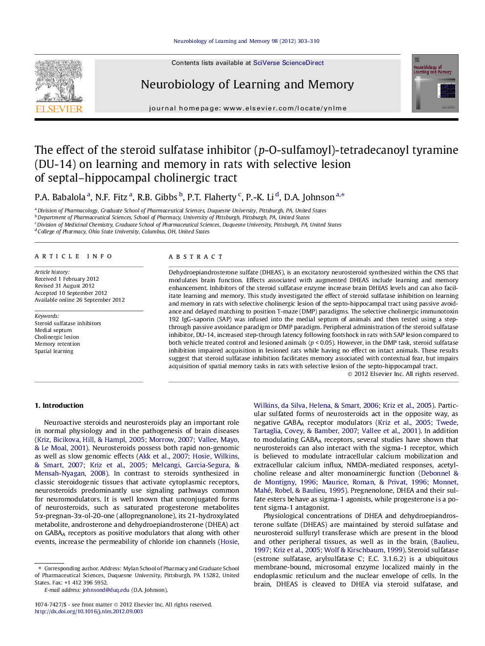 The effect of the steroid sulfatase inhibitor (p-O-sulfamoyl)-tetradecanoyl tyramine (DU-14) on learning and memory in rats with selective lesion of septal–hippocampal cholinergic tract