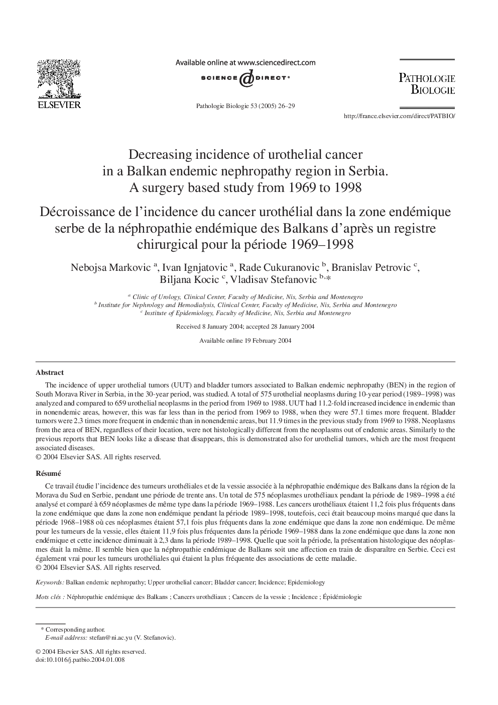 Decreasing incidence of urothelial cancer in a Balkan endemic nephropathy region in Serbia. A surgery based study from 1969 to 1998