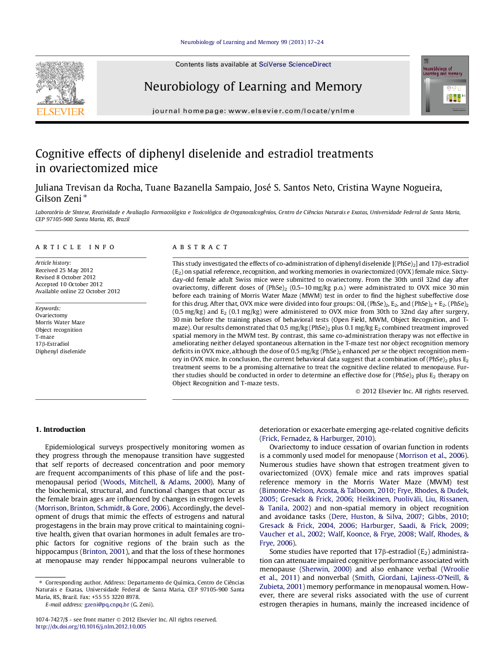 Cognitive effects of diphenyl diselenide and estradiol treatments in ovariectomized mice