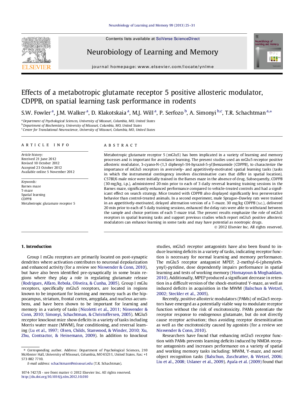 Effects of a metabotropic glutamate receptor 5 positive allosteric modulator, CDPPB, on spatial learning task performance in rodents