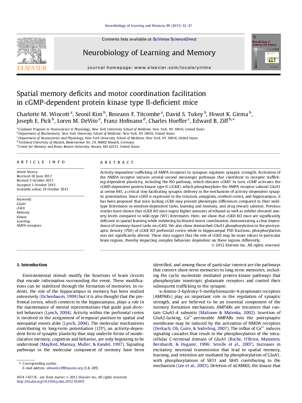 Spatial memory deficits and motor coordination facilitation in cGMP-dependent protein kinase type II-deficient mice