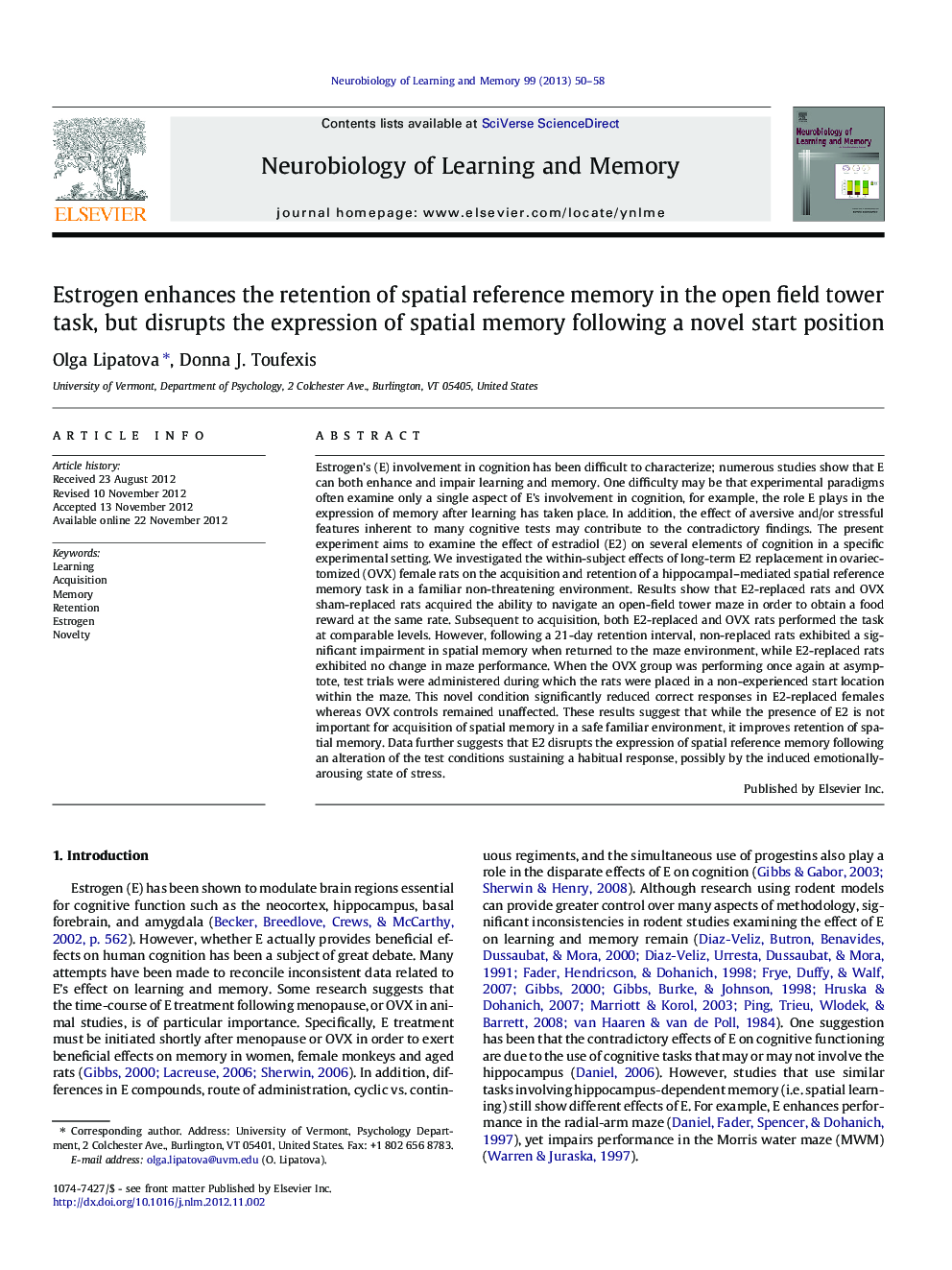 Estrogen enhances the retention of spatial reference memory in the open field tower task, but disrupts the expression of spatial memory following a novel start position