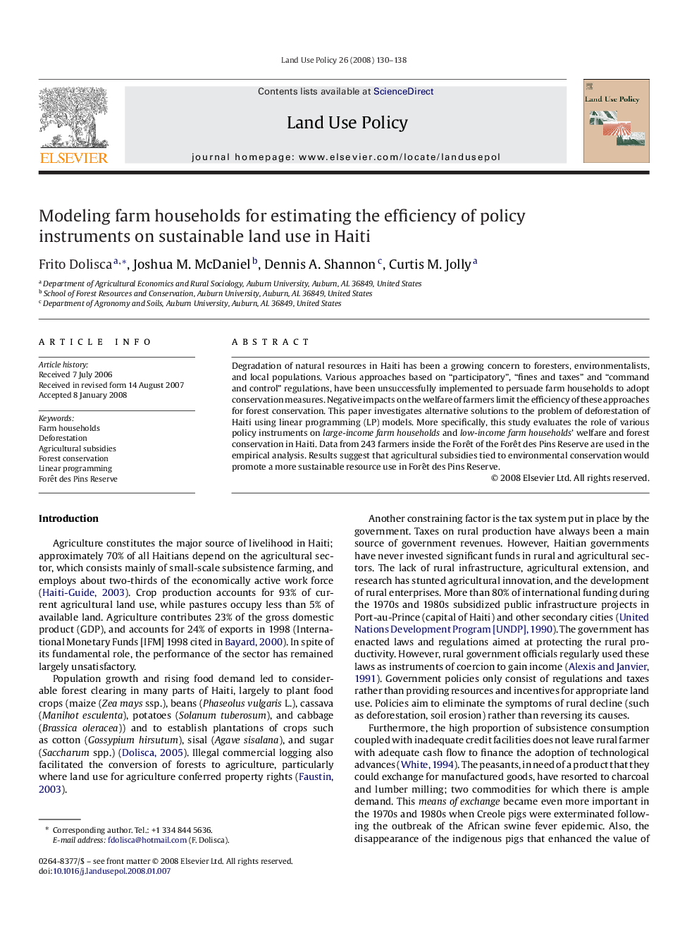 Modeling farm households for estimating the efficiency of policy instruments on sustainable land use in Haiti