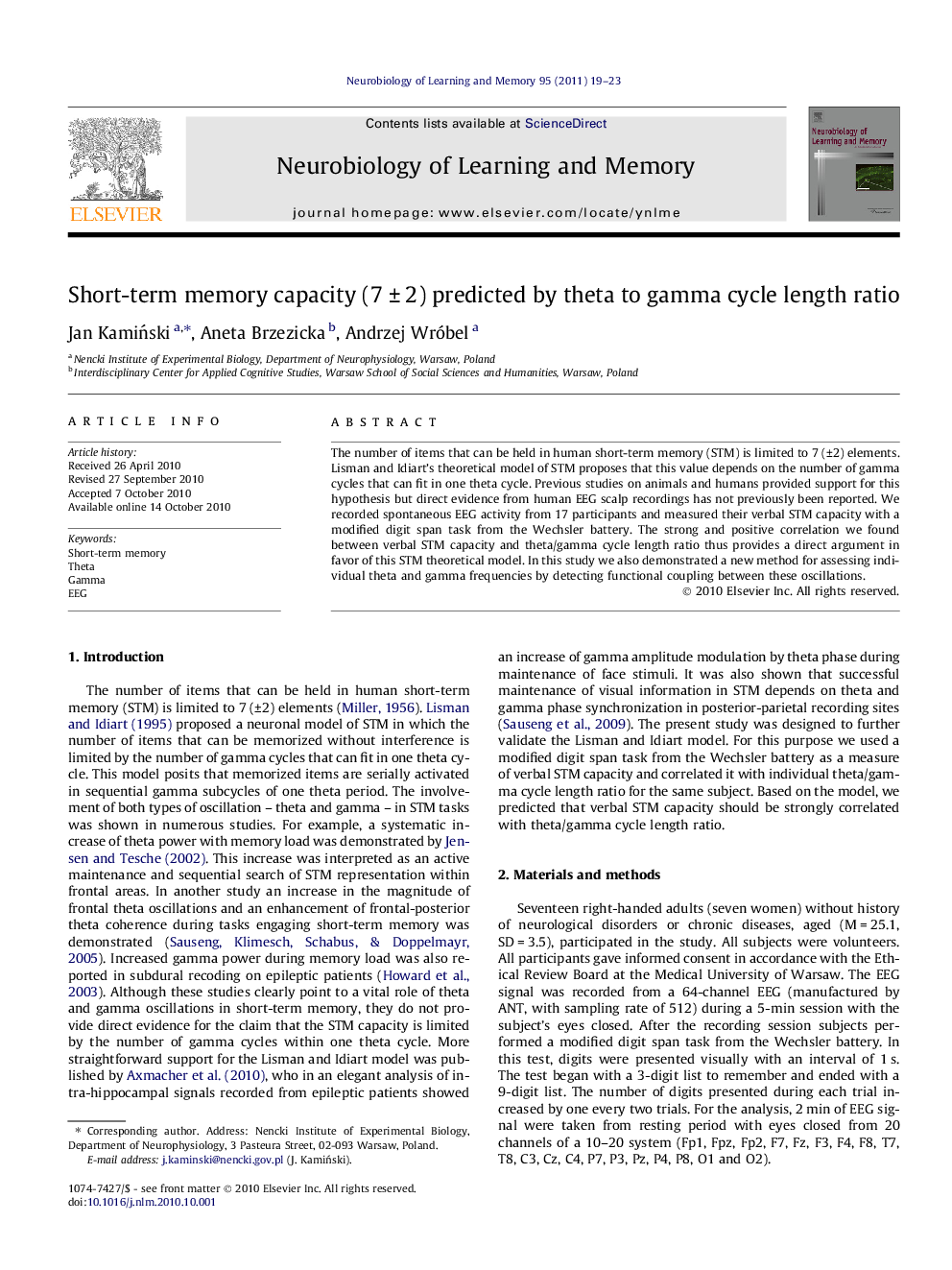 Short-term memory capacity (7 ± 2) predicted by theta to gamma cycle length ratio