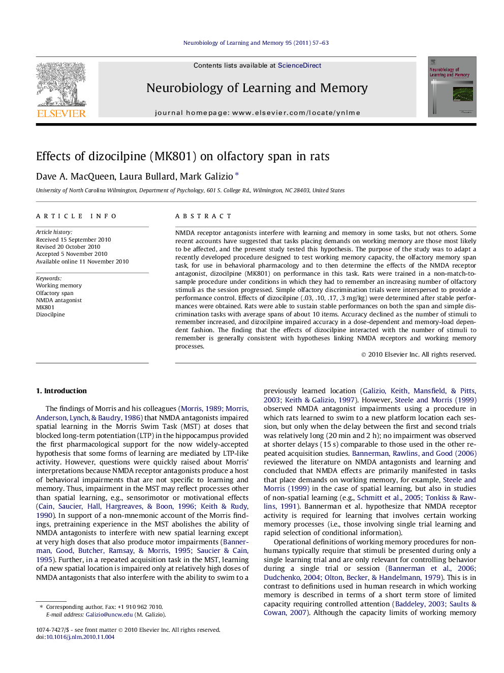 Effects of dizocilpine (MK801) on olfactory span in rats