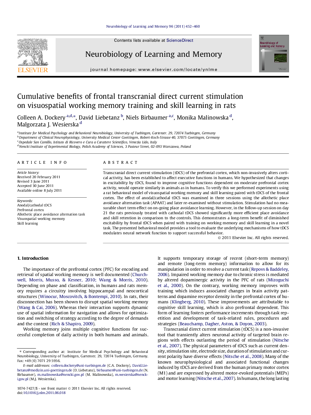 Cumulative benefits of frontal transcranial direct current stimulation on visuospatial working memory training and skill learning in rats