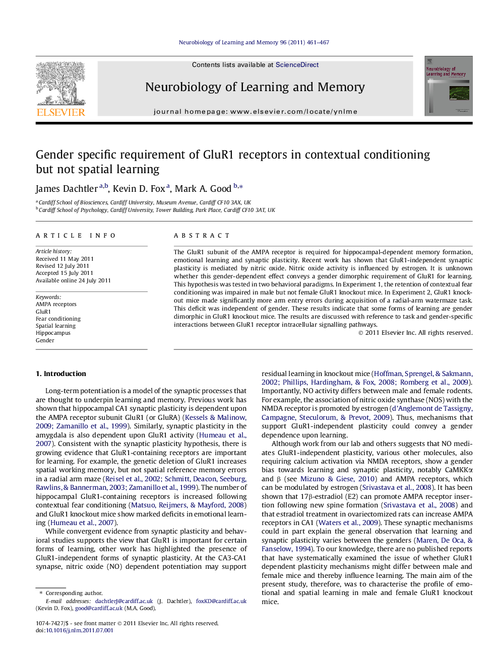 Gender specific requirement of GluR1 receptors in contextual conditioning but not spatial learning