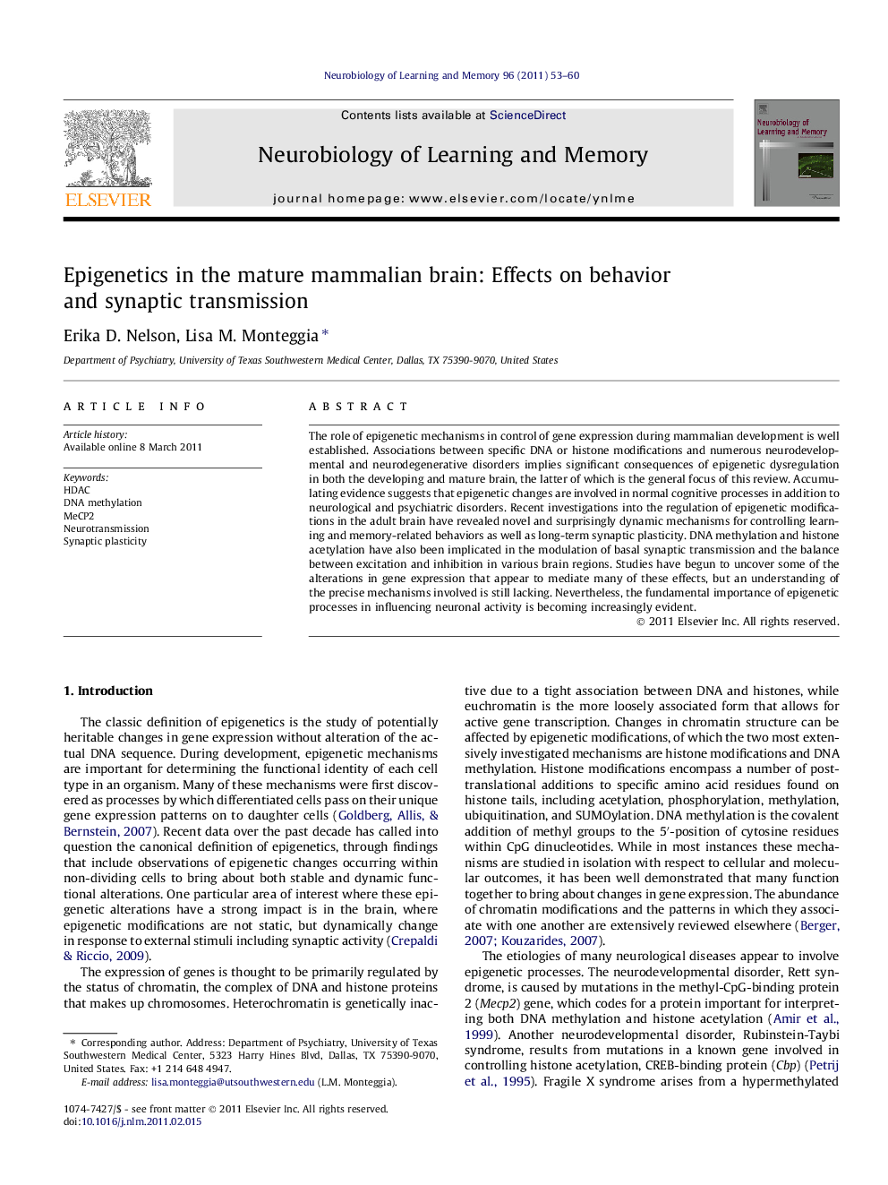 Epigenetics in the mature mammalian brain: Effects on behavior and synaptic transmission