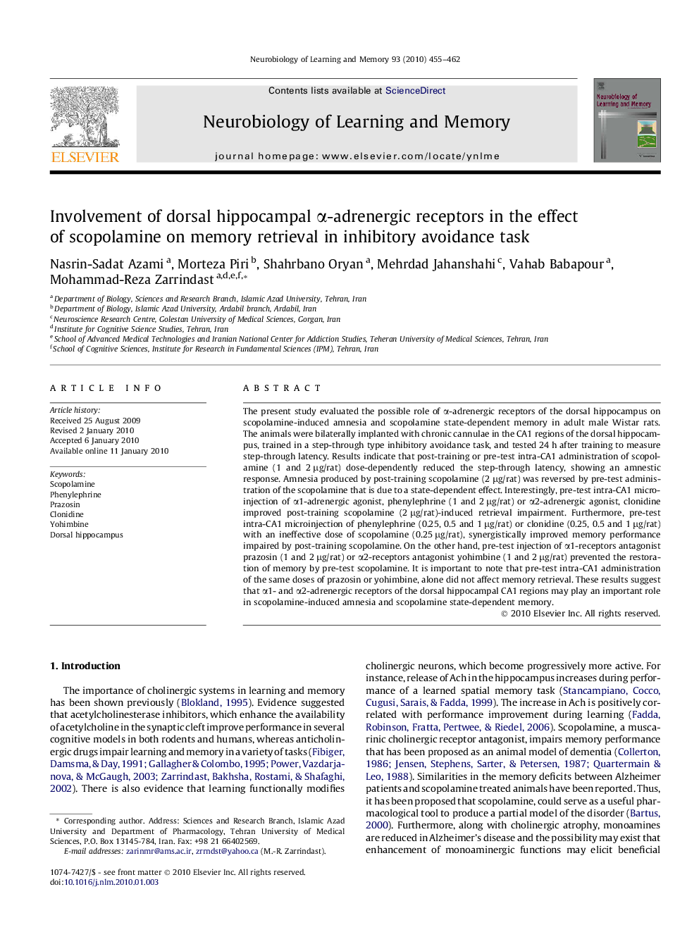 Involvement of dorsal hippocampal α-adrenergic receptors in the effect of scopolamine on memory retrieval in inhibitory avoidance task