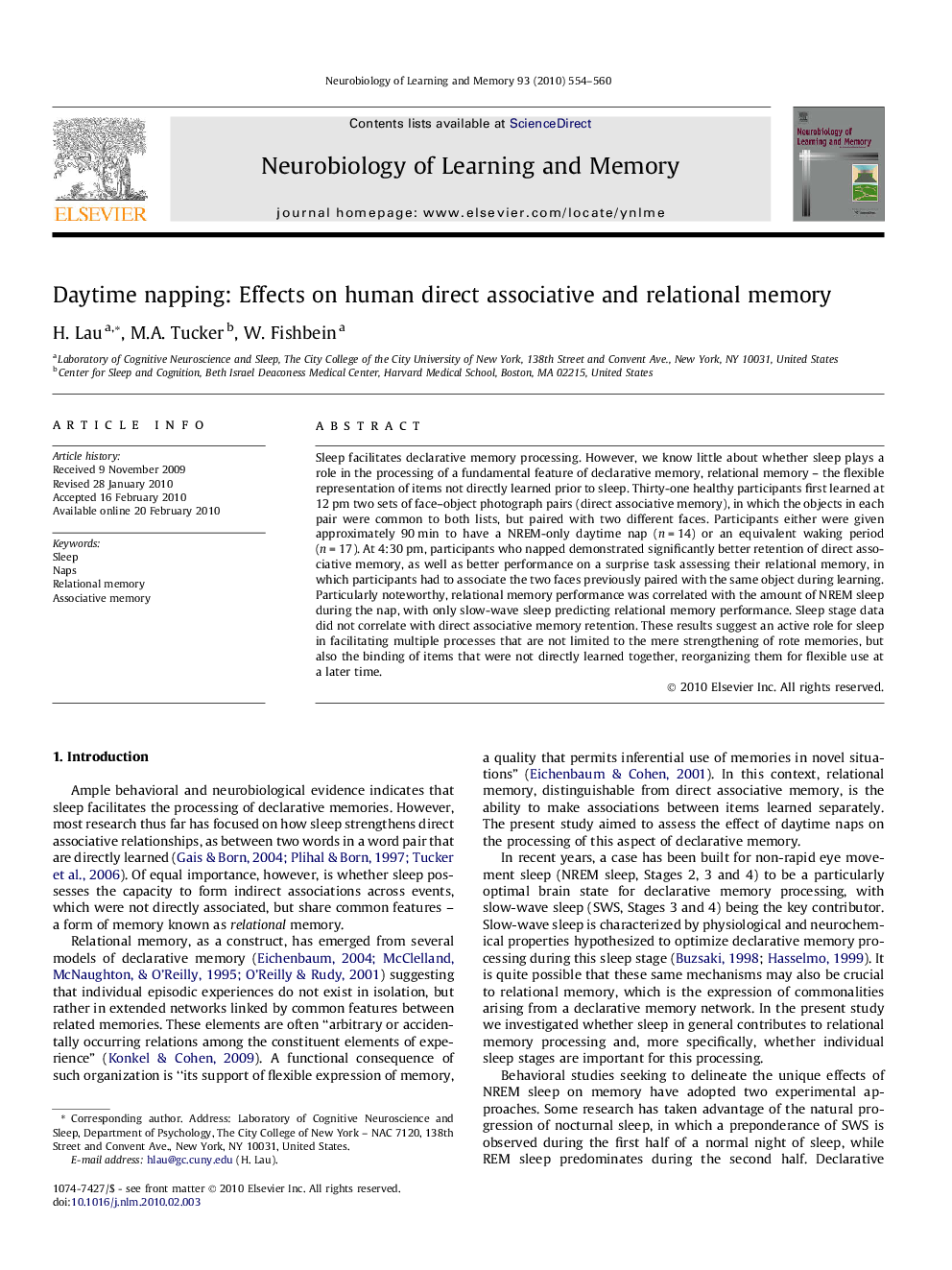 Daytime napping: Effects on human direct associative and relational memory