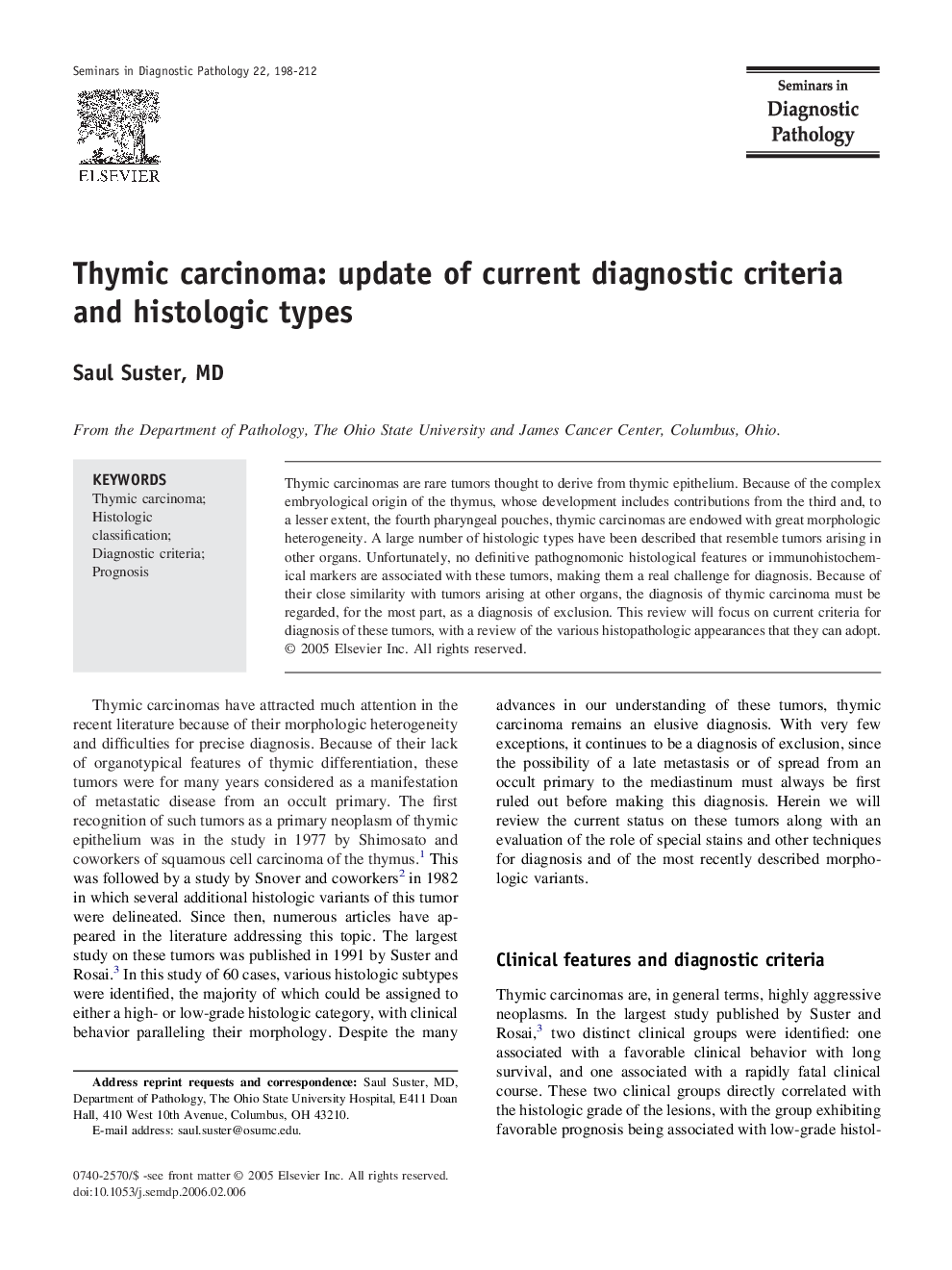 Thymic carcinoma: update of current diagnostic criteria and histologic types