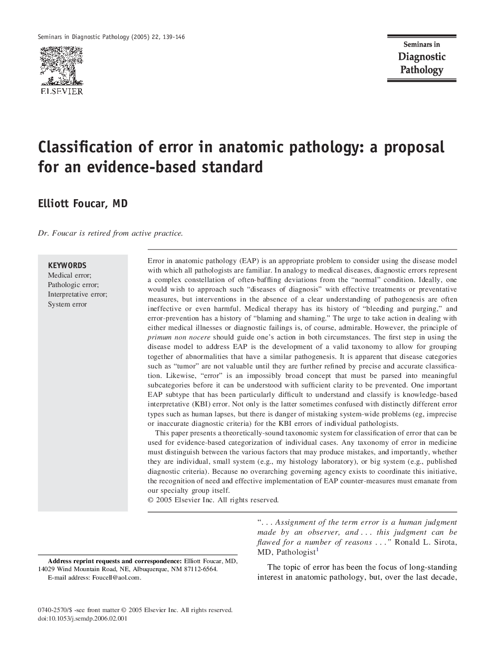 Classification of error in anatomic pathology: a proposal for an evidence-based standard