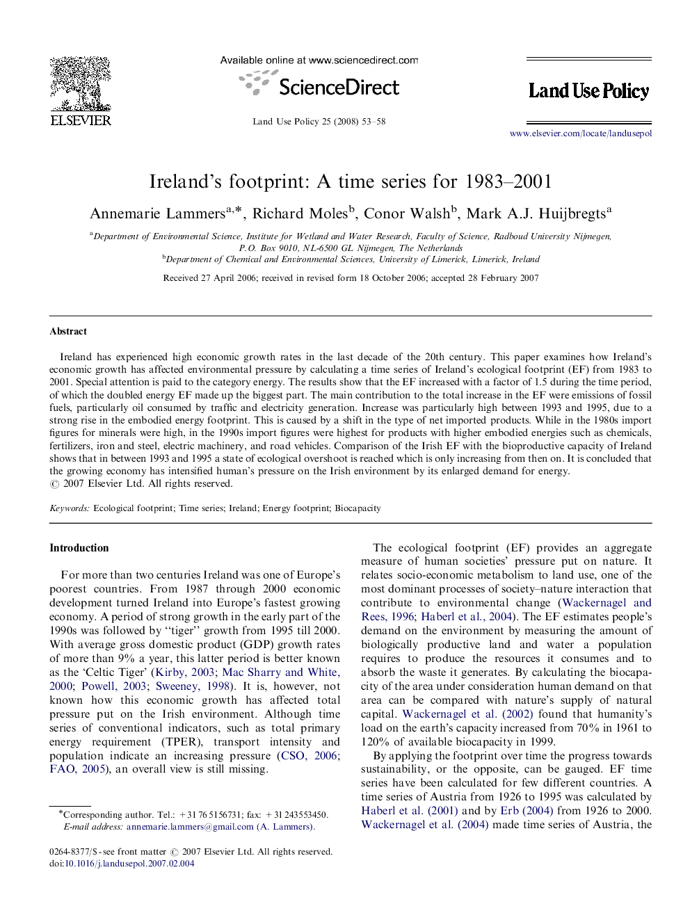 Ireland's footprint: A time series for 1983–2001