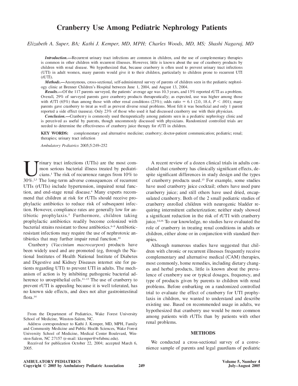 Cranberry Use Among Pediatric Nephrology Patients