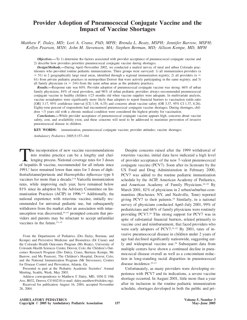 Provider Adoption of Pneumococcal Conjugate Vaccine and the Impact of Vaccine Shortages