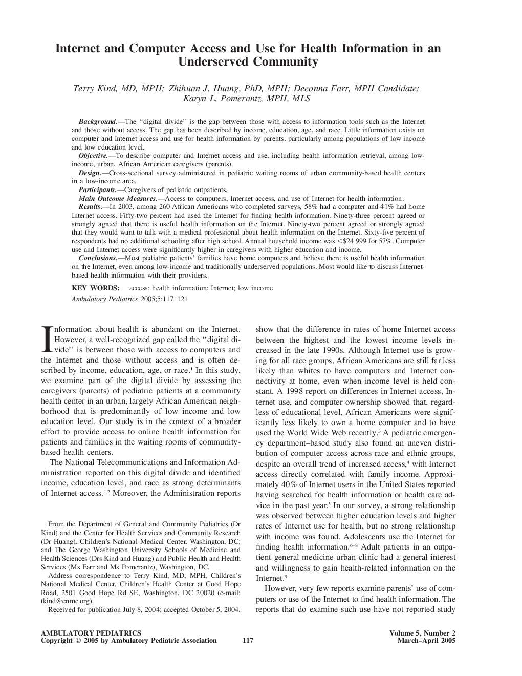 Internet and Computer Access and Use for Health Information in an Underserved Community