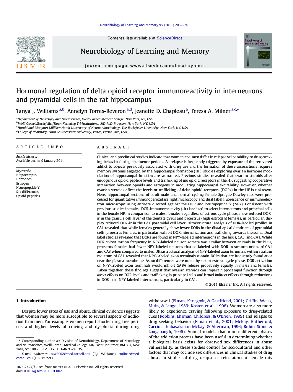 Hormonal regulation of delta opioid receptor immunoreactivity in interneurons and pyramidal cells in the rat hippocampus