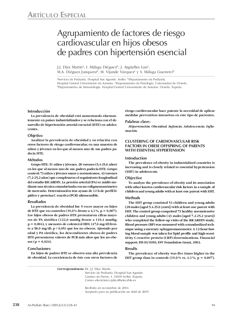 Agrupamiento de factores de riesgo cardiovascular en hijos obesos de padres con hipertensión esencial