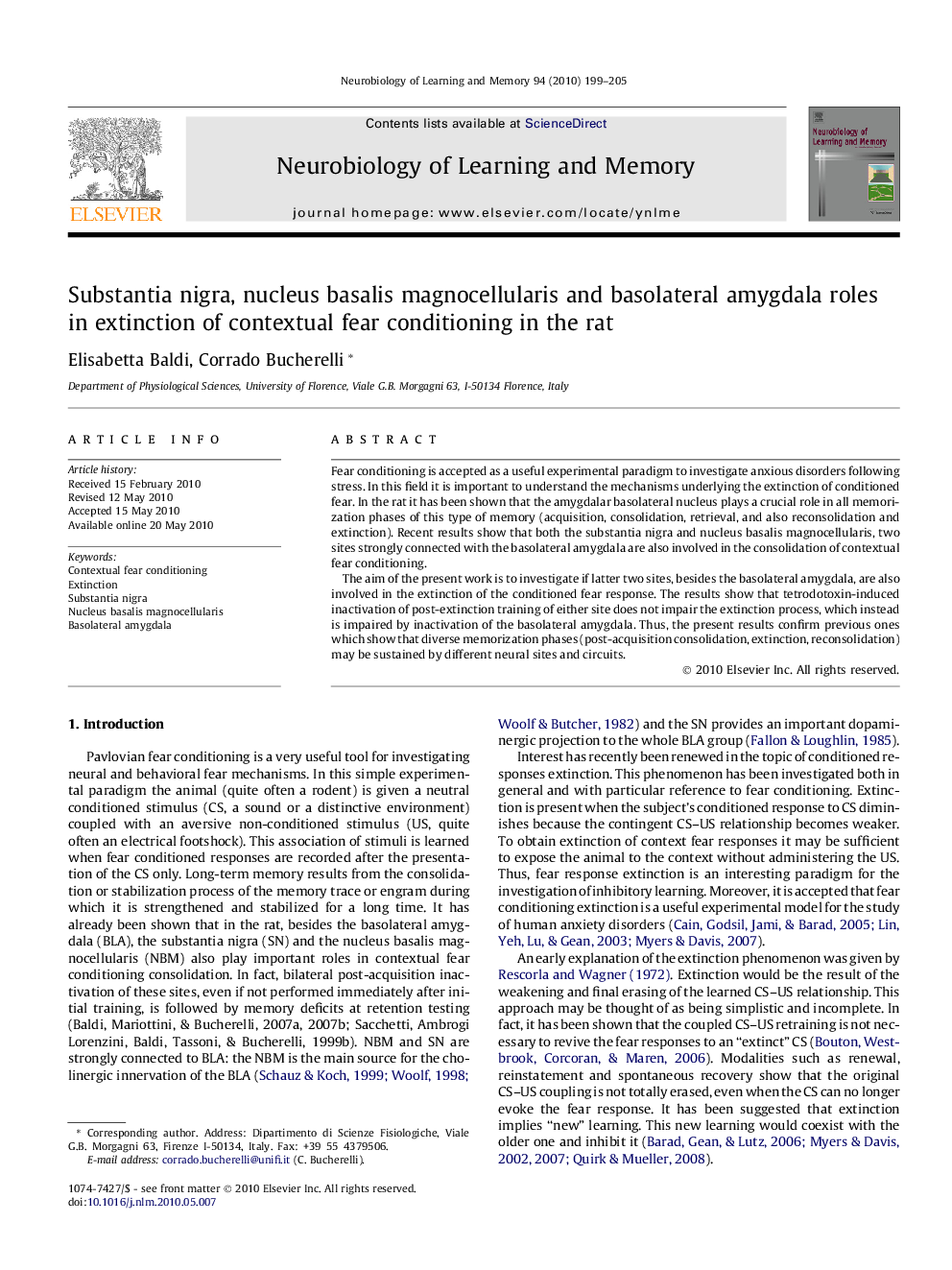 Substantia nigra, nucleus basalis magnocellularis and basolateral amygdala roles in extinction of contextual fear conditioning in the rat