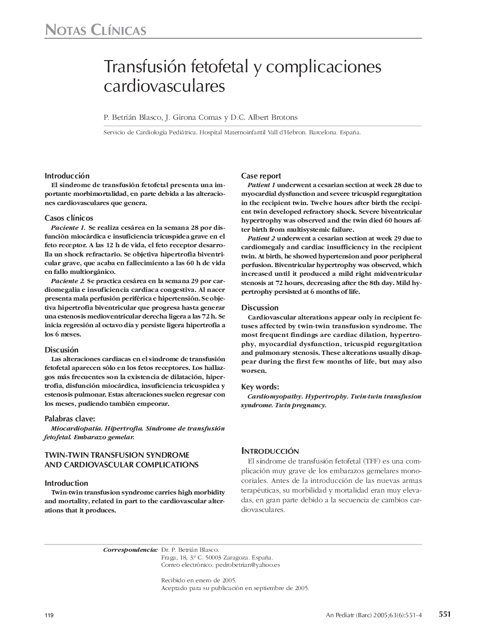 Transfusión fetofetal y complicaciones cardiovasculares