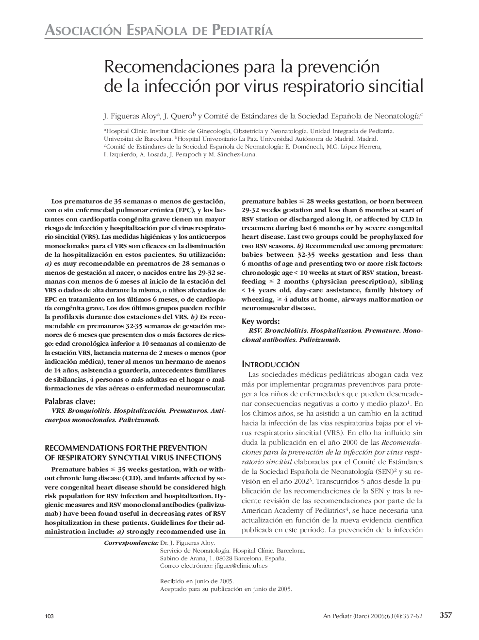 Recomendaciones para la prevención de la infección por virus respiratorio sincitial