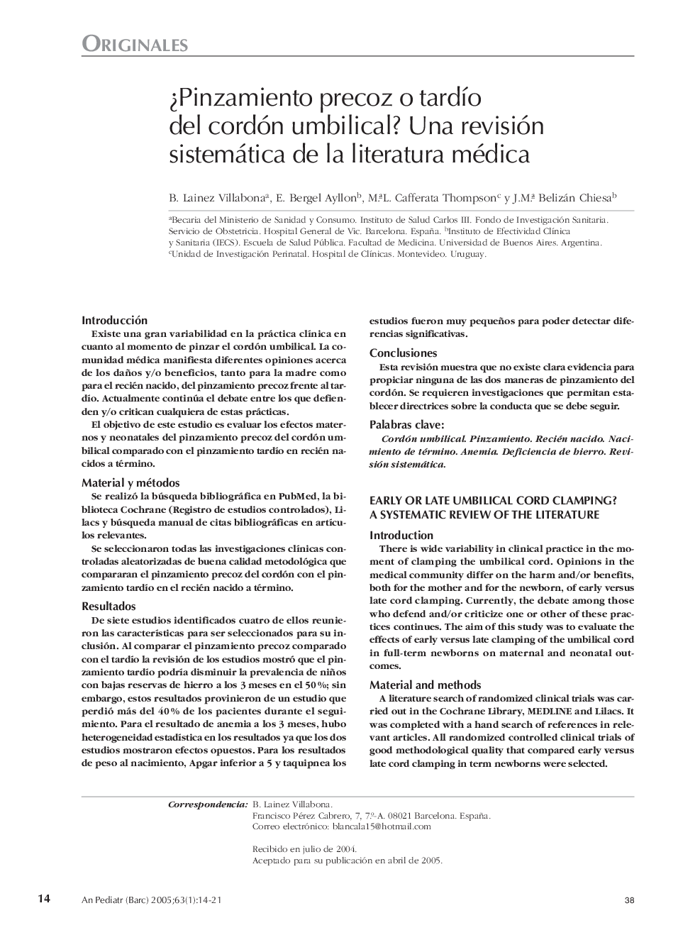 Â¿Pinzamiento precoz o tardÃ­o del cordón umbilical? Una revisión sistemática de la literatura médica