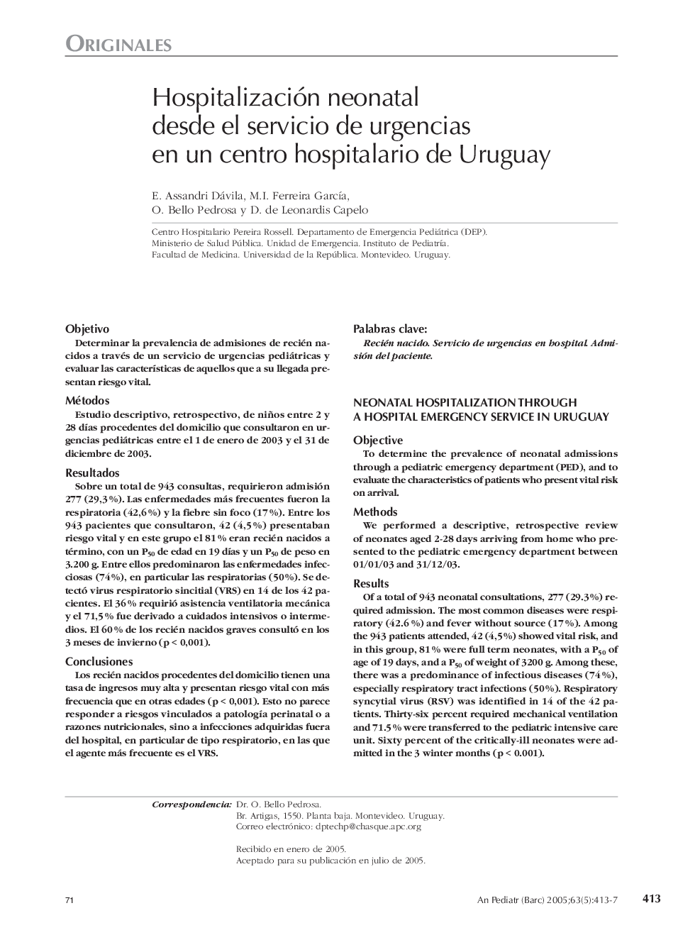 Hospitalización neonatal desde el servicio de urgencias en un centro hospitalario de Uruguay