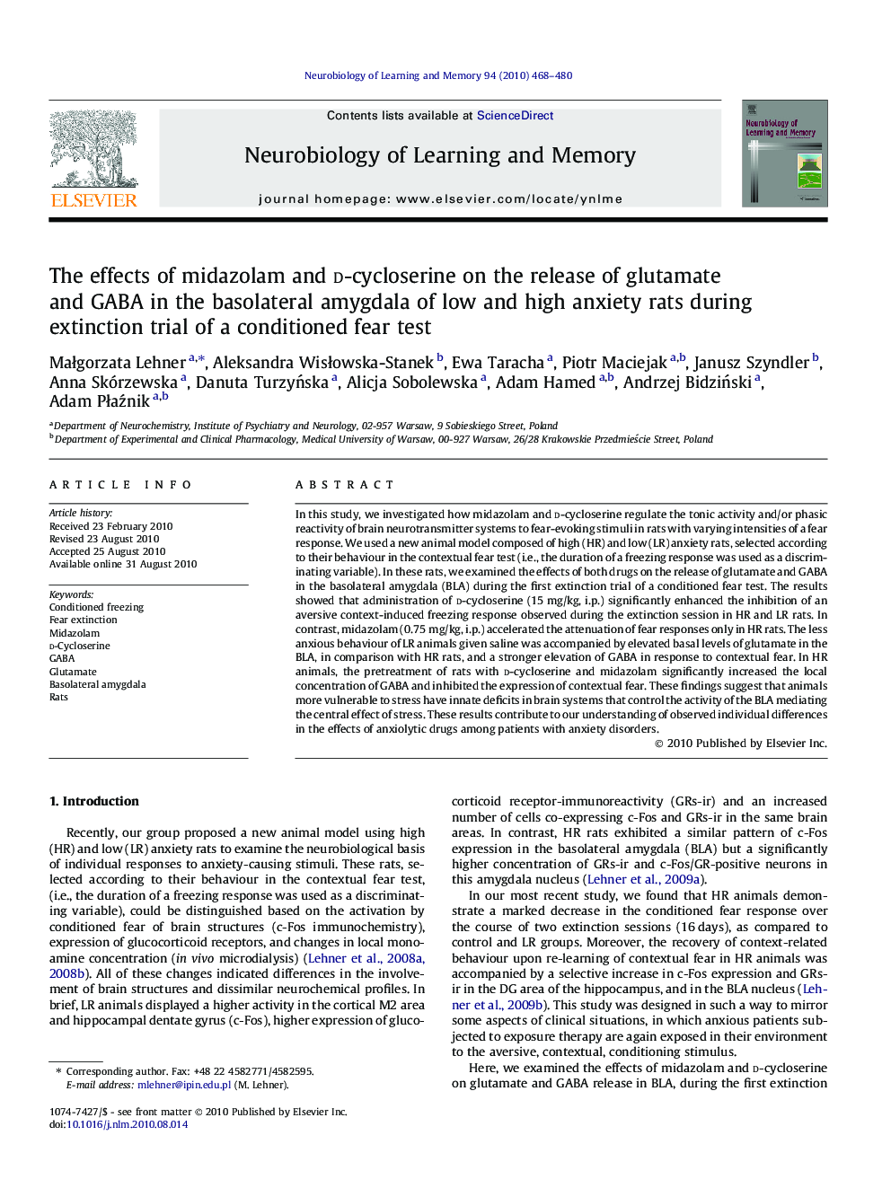 The effects of midazolam and d-cycloserine on the release of glutamate and GABA in the basolateral amygdala of low and high anxiety rats during extinction trial of a conditioned fear test