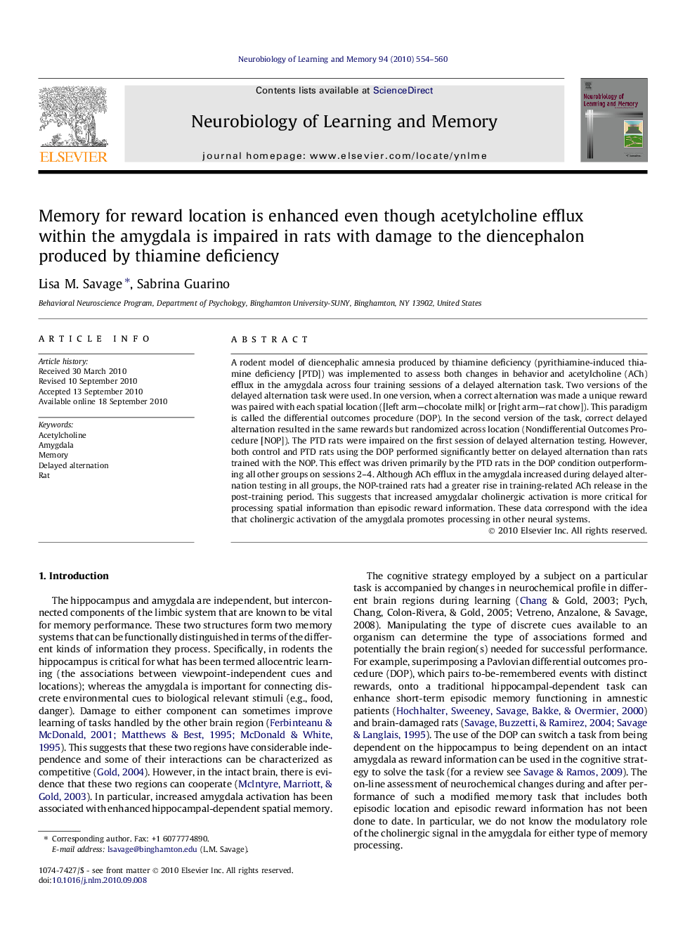 Memory for reward location is enhanced even though acetylcholine efflux within the amygdala is impaired in rats with damage to the diencephalon produced by thiamine deficiency