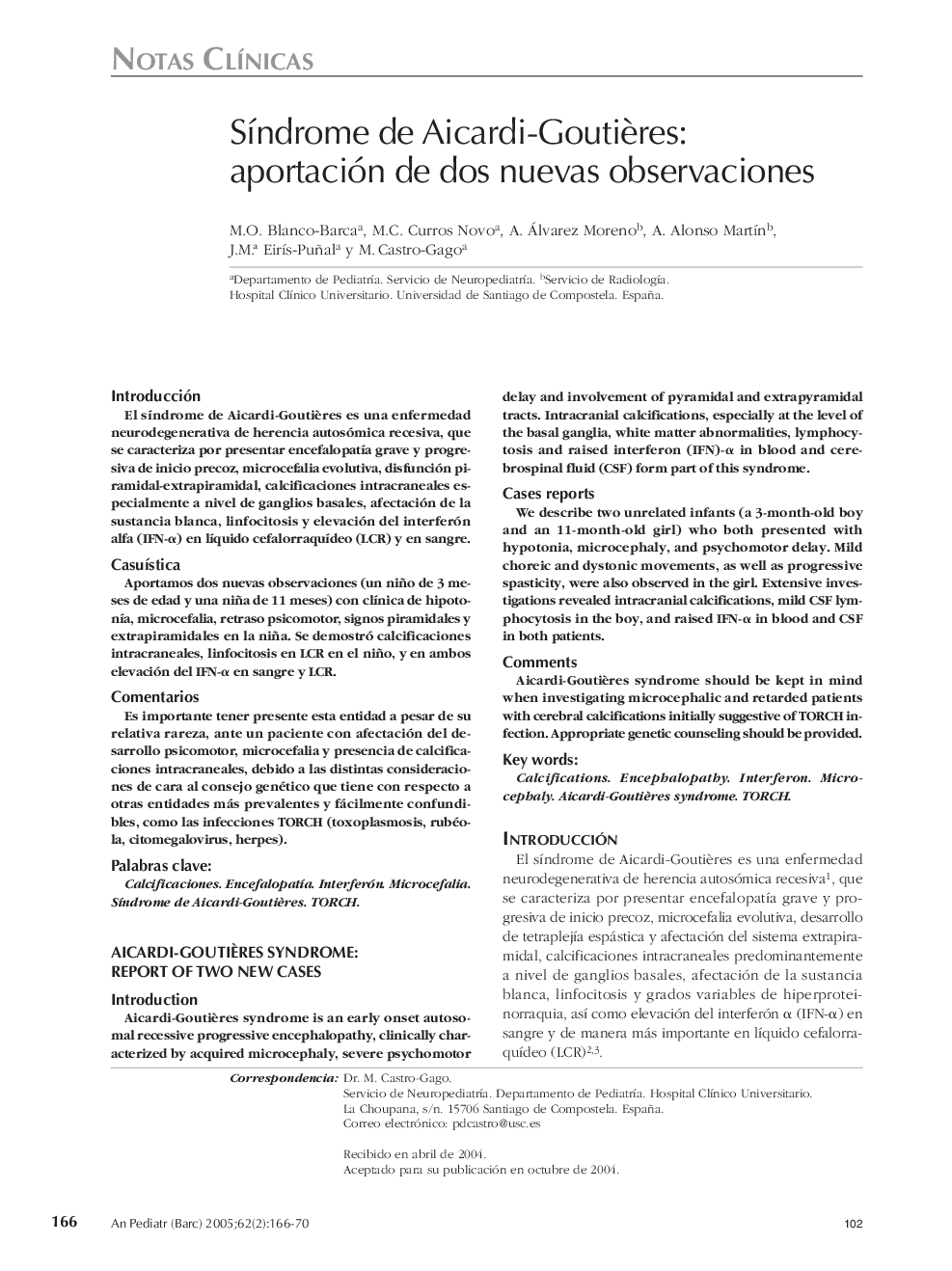 SÃ­ndrome de Aicardi-GoutiÃ¨res: aportación de dos nuevas observaciones