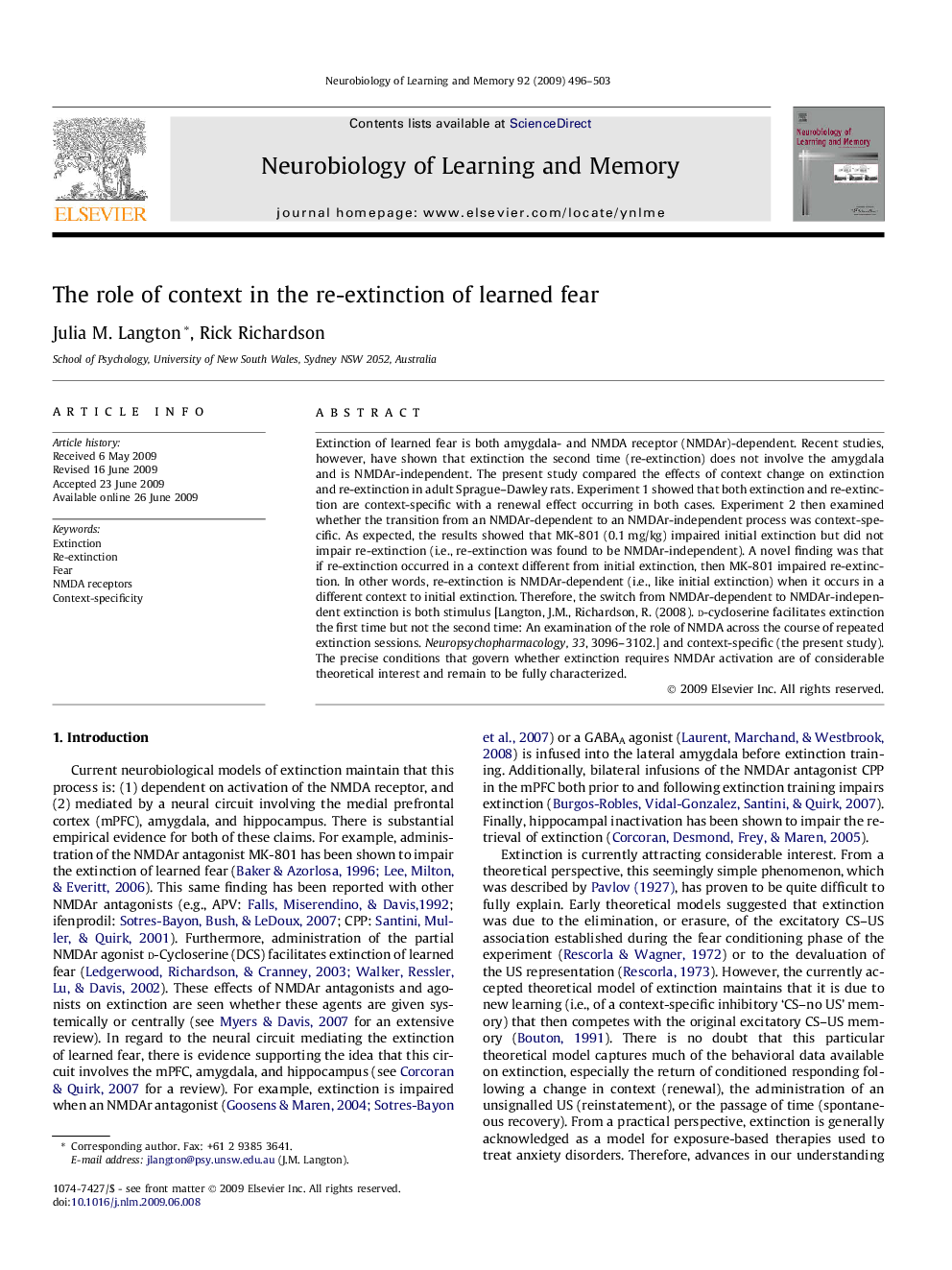 The role of context in the re-extinction of learned fear