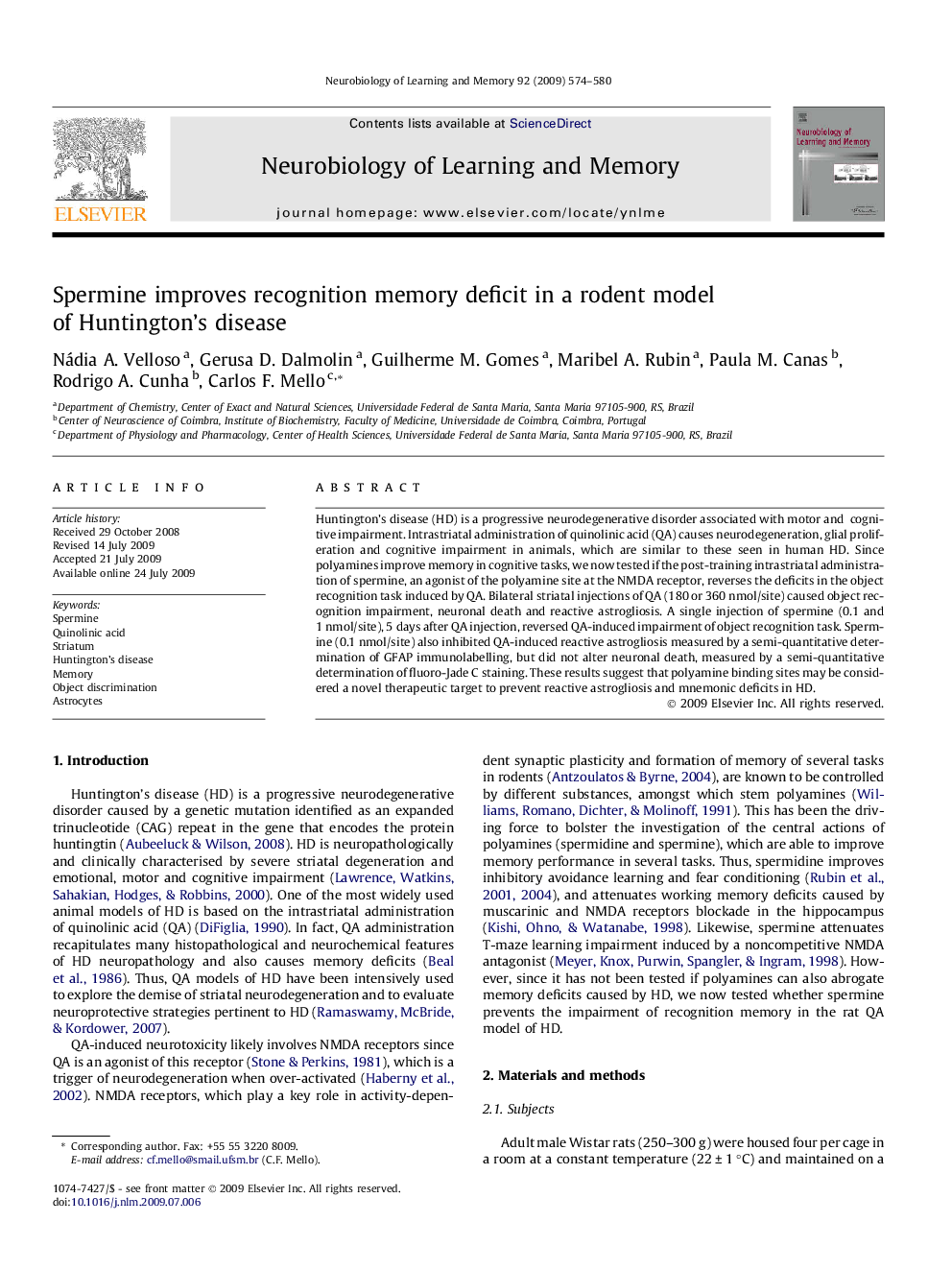 Spermine improves recognition memory deficit in a rodent model of Huntington’s disease